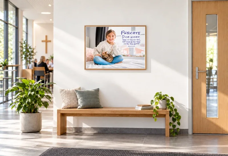 Gerahmtes Poster zur Jahreslosung 2027 mit Mädchen und Katze im DIN-A1-Querformat über einer Bank im Gemeindefoyer einer FEG