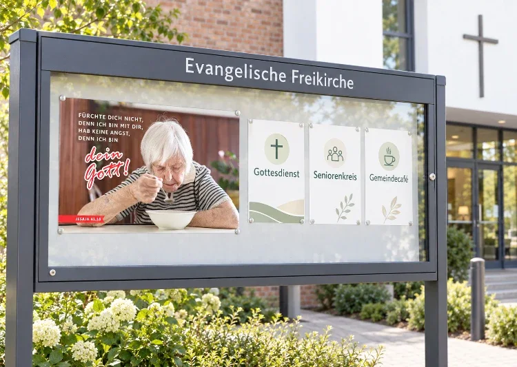 Das DIN-A2-Poster zur Jahreslosung 2027 in einem modernen Gemeindeschaukasten. Die Botschaft aus Jesaja 41,10 verbindet sich wirkungsvoll mit den Veranstaltungen der Gemeinde.