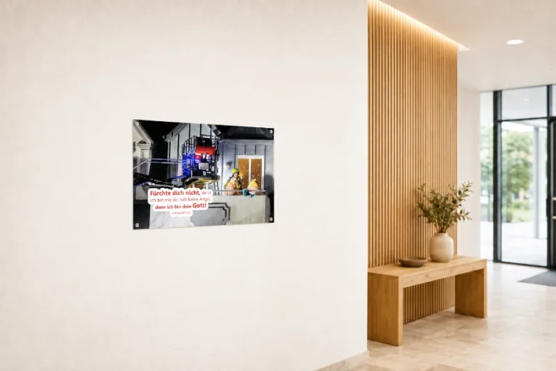 DIN-A2-Poster zur Jahreslosung 2027 im modernen Foyer einer evangelischen Freikirche