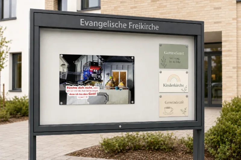 A2-Poster zur Jahreslosung 2027 im Schaukasten einer evangelischen Freikirche - Infinity