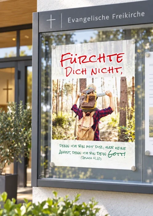 DIN-A2-Poster zur Jahreslosung 2027 im modernen Schaukasten einer evangelischen Freikirche