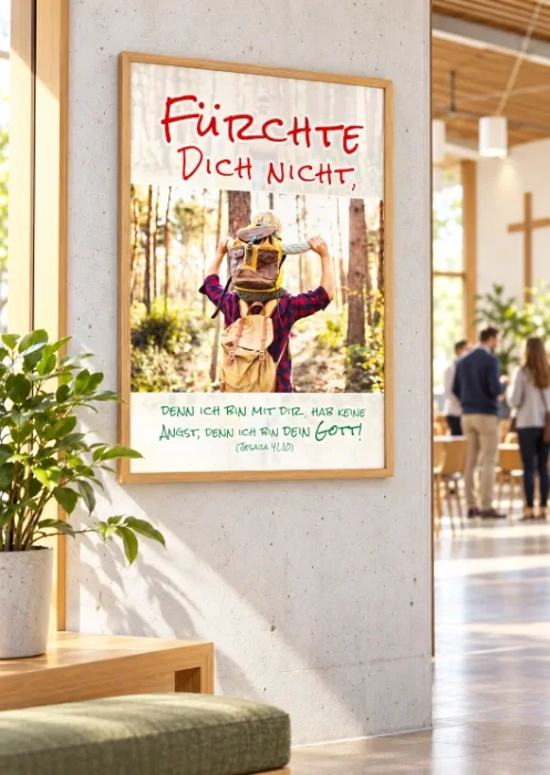 Gerahmtes DIN-A2-Poster zur Jahreslosung 2027 mit Vater und Sohn im hellen Foyer eines Gemeindezentrums