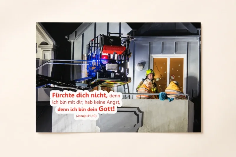 Poster Jahreslosung 2027 DIN A4 mit Feuerwehrmann und älterem Ehepaar bei einem Wohnungsbrand