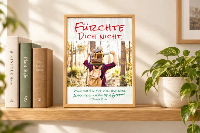 Gerahmtes DIN-A4-Poster „Fürchte dich nicht“ auf einem Regal neben Büchern und einer Pflanze