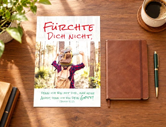 DIN-A4-Poster zur Jahreslosung 2027 mit Vater und Sohn im Wald auf einem Schreibtisch