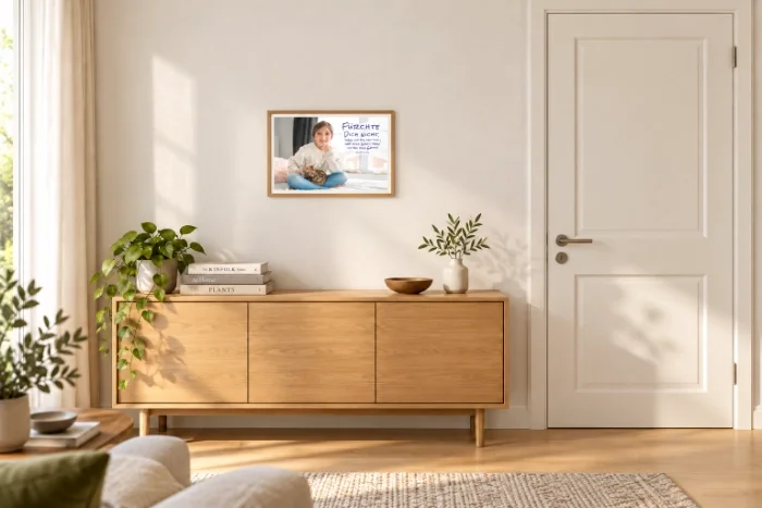 Poster Jahreslosung 2027 DIN A3 im Wohnraum - Edition Katzenstein Gerahmtes DIN-A3-Poster mit Mädchen und Katze in maßvoller Größe über einem Holzsideboard