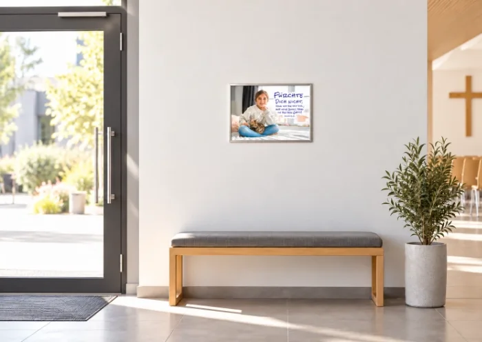 DIN-A3-Poster zur Jahreslosung 2027 im Gemeindefoyer einer FeG Kleines gerahmtes Poster zur Jahreslosung 2027 mit Mädchen und Katze über einer Bank im Gemeindefoyer einer FeG