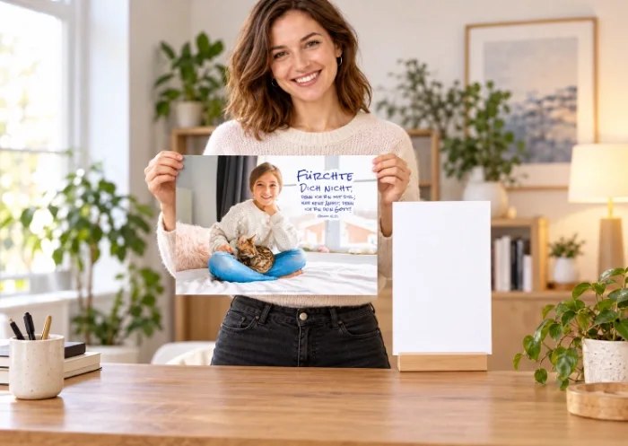 Jahreslosungsposter DIN A3 im Größenvergleich - ÖAB Frau hält das DIN-A3-Poster zur Jahreslosung 2027; auf dem Tisch liegt ein A4-Blatt als Größenvergleich