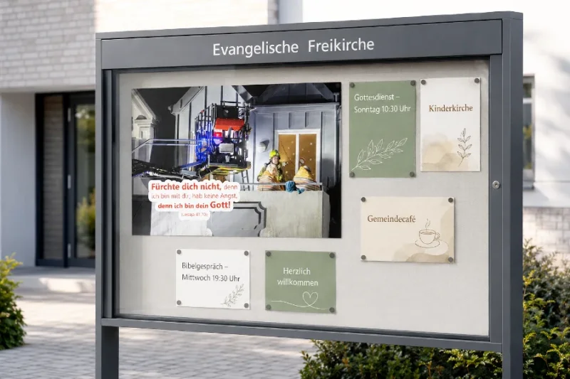 A3-Poster zur Jahreslosung 2027 im Schaukasten einer evangelischen Freikirche - Edition Katzenstein