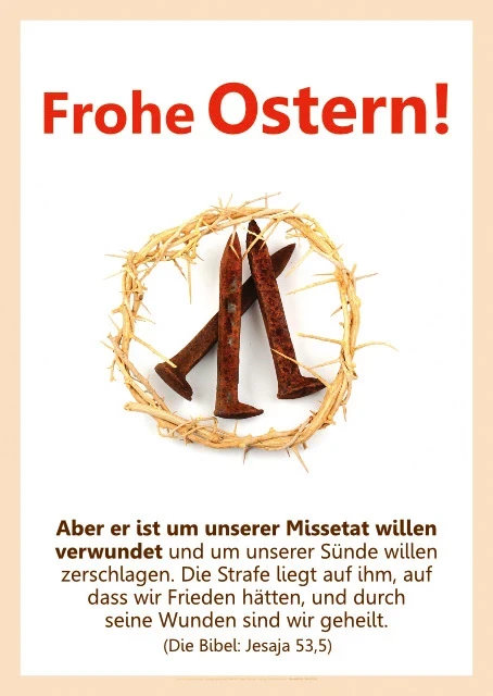 Dornenkrone mit drei rostigen Nägeln auf hellem Hintergrund mit Text Frohe Ostern und Bibelvers Jesaja 53,5