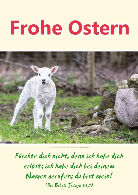 Zartes Osterlamm im warmen Frühlingslicht mit Bibelvers aus Jesaja 43,1 über Erlösung, Vertrauen und Gottes persönliche Zusage
