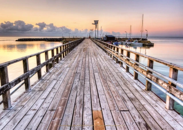 Holzsteg, der geradeaus in eine offene Landschaft führt.
