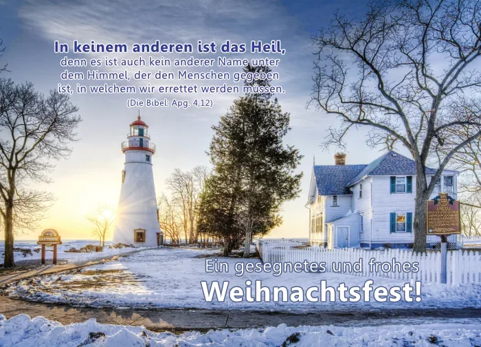 Christliches Weihnachts-Poster A4: Winterliches Motiv mit Leuchtturm und alter Villa im Abendlicht, ergänzt durch Bibelvers Apostelgeschichte 4,12