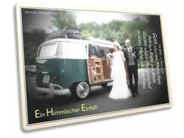 Postkarte: Brautpaar vor Bus Oldtimer