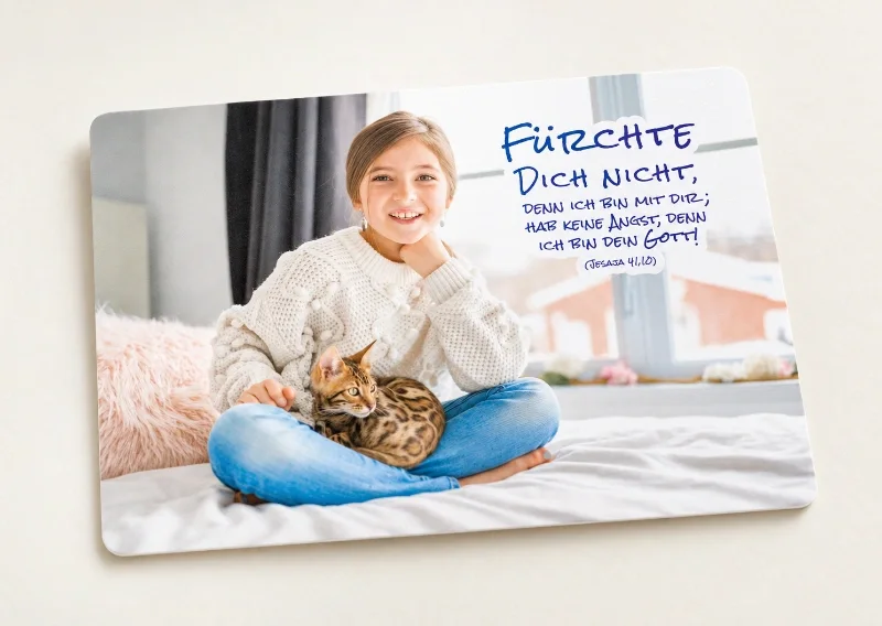 DIN-A6-Postkarte zur Jahreslosung 2027 mit Mädchen und Katze am Fenster, freigestellt auf hellem Hintergrund