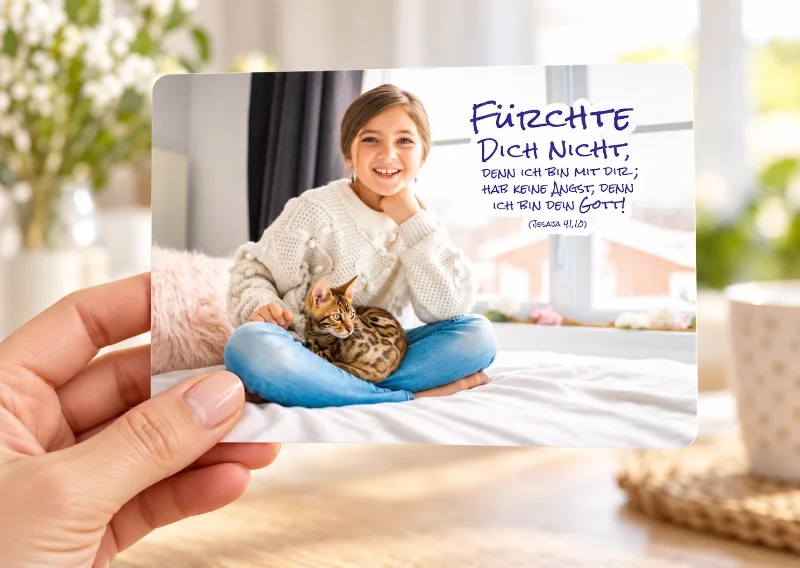Hand hält eine Postkarte im DIN-A6-Format mit Mädchen, Katze und der Jahreslosung 2027
