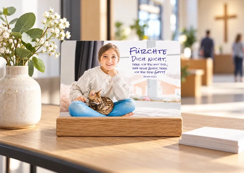 DIN-A6-Postkarte zur Jahreslosung 2027 in einem Kartenständer im Foyer einer Gemeinde