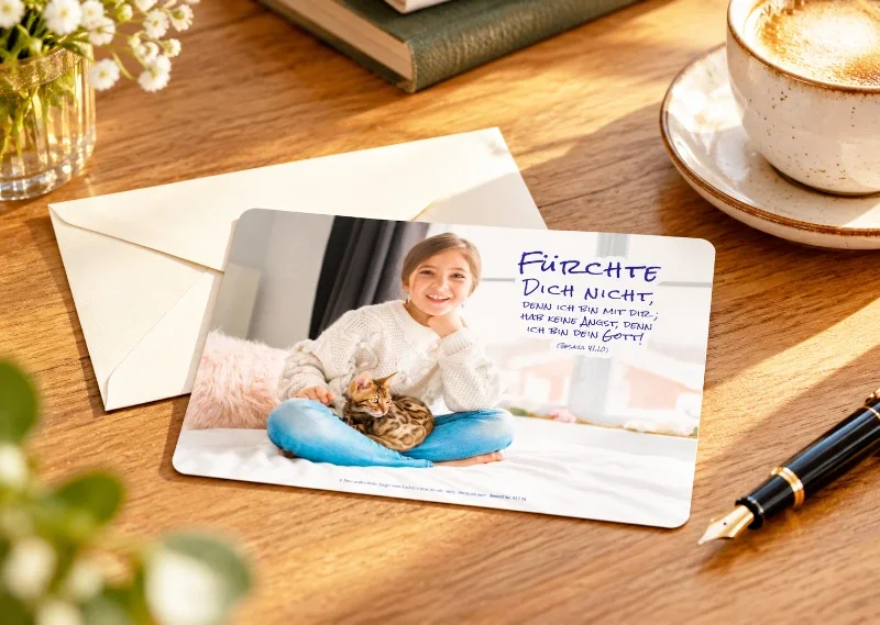 Postkarte zur Jahreslosung 2027 mit Mädchen und Katze neben Briefumschlag und Füller auf einem Schreibtisch
