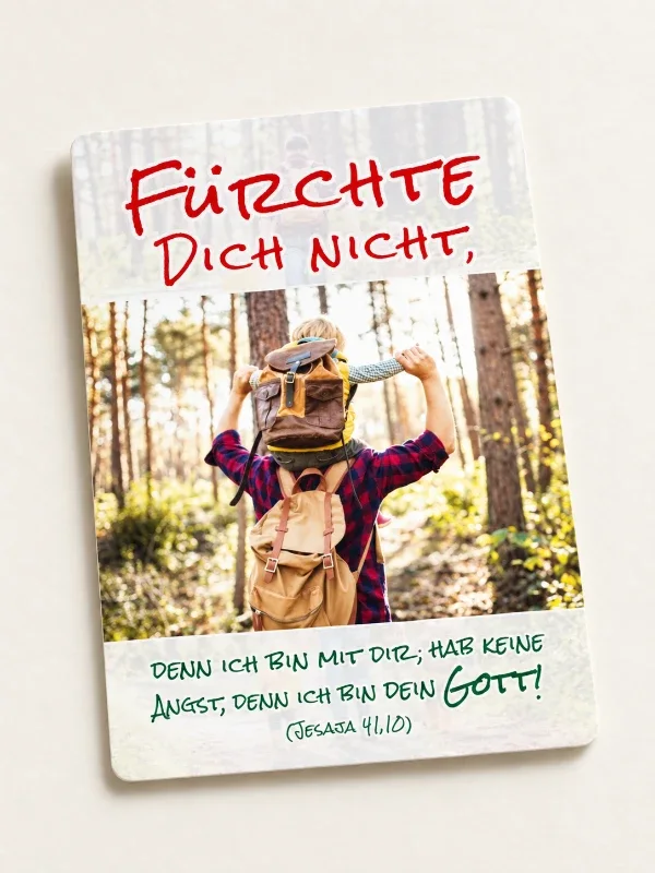 Postkarte Jahreslosung 2027 – Studioaufnahme - Vater trägt Sohn Postkarte Jahreslosung 2027 mit Vater der Sohn trägt, freigestellt auf hellem Hintergrund
