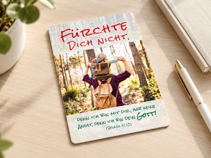 Eine Postkarte zur Jahreslosung 2027 liegt auf einem hellen Schreibtisch, danben sind Schreibgeräte zu sehen.