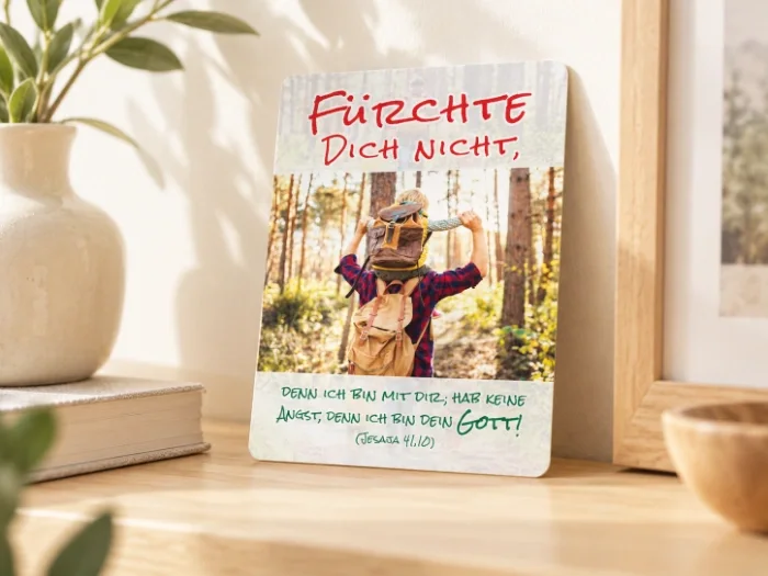 Christliche Postkarte zur Jahreslosung 2027 als Dekoration in einer modernen Wohnung