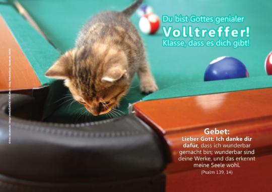 Christliche Postkarte: Kätzchen auf Billiardtisch