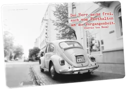 Christliche Postkarte: Weißer VW Käfer
