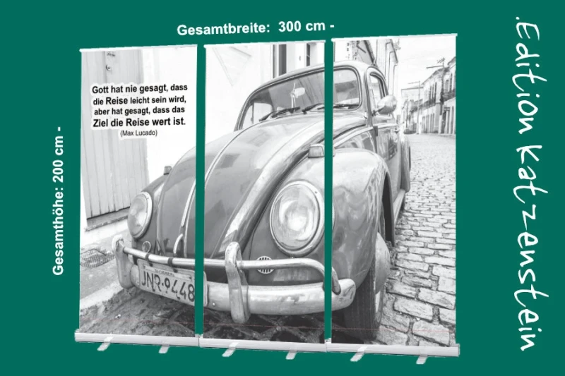 Bestatterbedarf: Roll-Up Display "VW Käfer am Straßenrand" - Trauerfeier-Deko