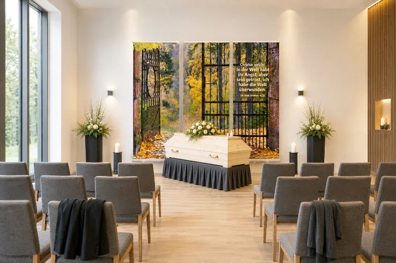 Roll-Up Display 3er-Set mit Herbsttor-Motiv und Bibelvers Johannes 16,33 in einer modernen deutschen Trauerhalle mit hellem Sarg
