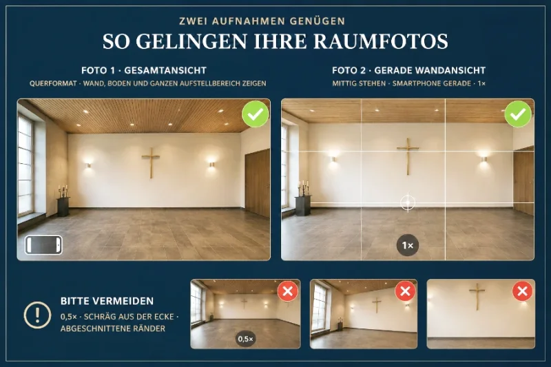 Fotoanleitung für Trauerhallen mit Gesamtansicht im Querformat und gerader Wandansicht mit 1×-Kamera