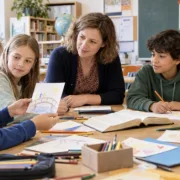 Vier Grundschulkinder gestalten mit ihrer Lehrerin Mutmachkarten; auf dem Tisch liegt eine aufgeschlagene Bibel.