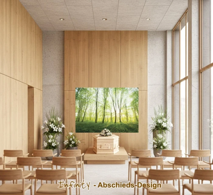 Wandbanner mit lichtdurchflutetem Frühlingswald über dem Sarg in moderner Trauerhalle mit Holzvertäfelung und Blumenschmuck