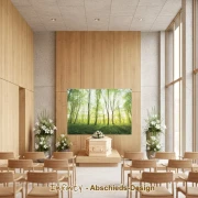 Wandbanner mit lichtdurchflutetem Frühlingswald über dem Sarg in moderner Trauerhalle mit Holzvertäfelung und Blumenschmuck