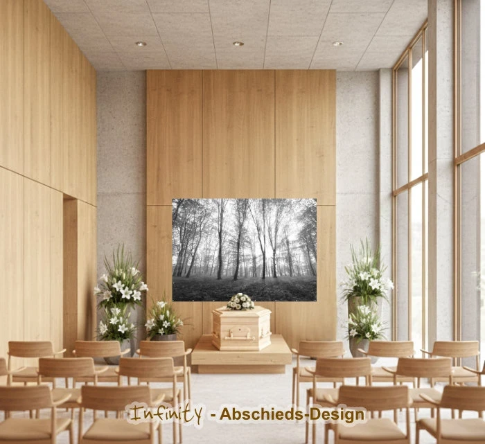 Schwarzweißes Wandbanner mit Waldmotiv über einem Sarg in heller Trauerhalle mit Stuhlreihen und Blumenarrangements