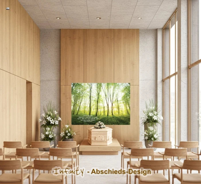 Farbiges Wandbanner mit lichtdurchflutetem Frühlingswald und Bibelvers über dem Sarg in einer modernen Trauerhalle
