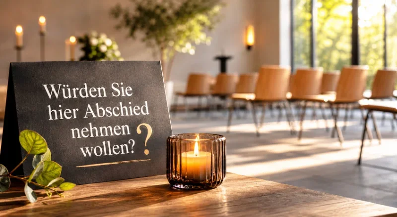 Kerze und Hinweisschild mit der Frage „Würden Sie hier Abschied nehmen wollen?“ in einer hellen modernen Trauerhalle mit großen Fenstern, Tageslicht und Sitzreihen für Trauergäste.