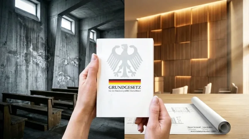 Split-Screen-Visualisierung einer Kirchenrenovierung: Links ein sanierungsbedürftiger, düsterer Sichtbeton-Kirchenraum aus den 1960er Jahren. Rechts ein moderner, heller Sakralraum mit warmen Holz-Akustikpaneelen und indirekter Beleuchtung. Im Vordergrund halten Hände das deutsche Grundgesetz-Buch über einem ausgebreiteten Architektur-Blueprint.