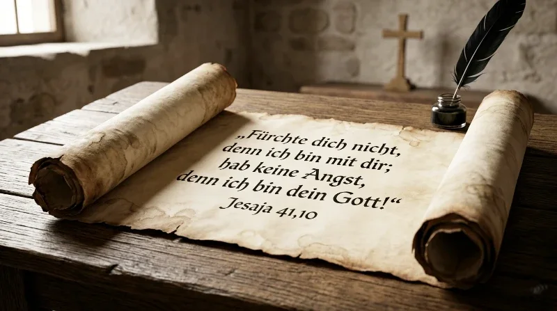 Altes Pergament mit dem aufgedruckten Bibelvers Jesaja 41,10: „Fürchte dich nicht, denn ich bin mit dir; hab keine Angst, denn ich bin dein Gott!“, liegend auf einem rustikalen Holztisch mit einem Tintenfass und einem Federkiel im Hintergrund.
