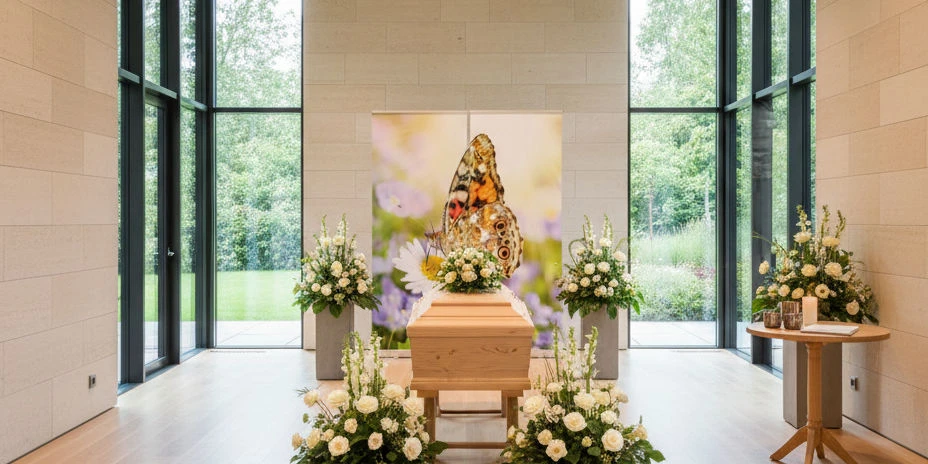 Helle Friedhofshalle, stilvoll dekoriert mit Rollup und Bluemen