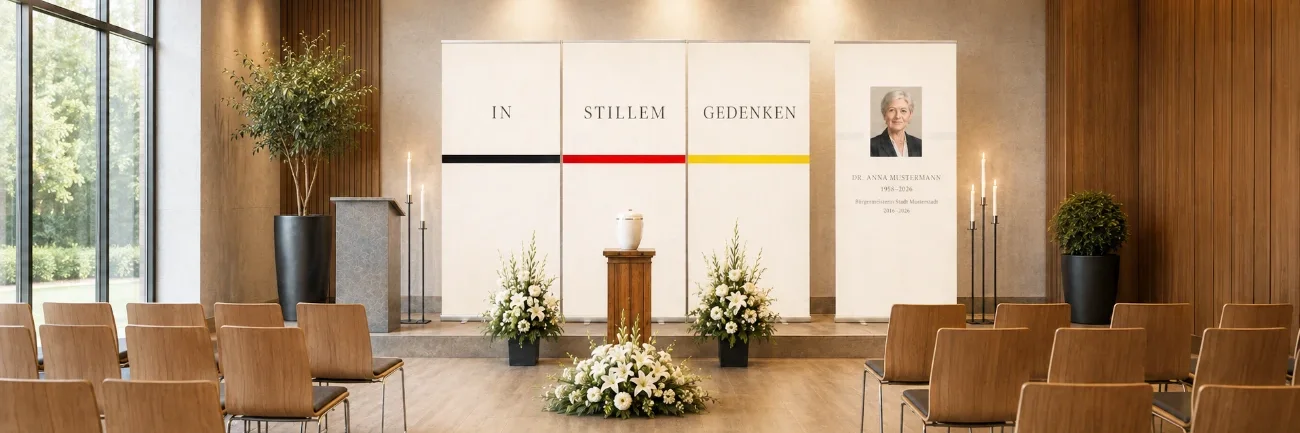 4-teilige Roll-Up Displays als stilvolle Dekoration einer modernen Trauerhalle mit Urne und Blumen