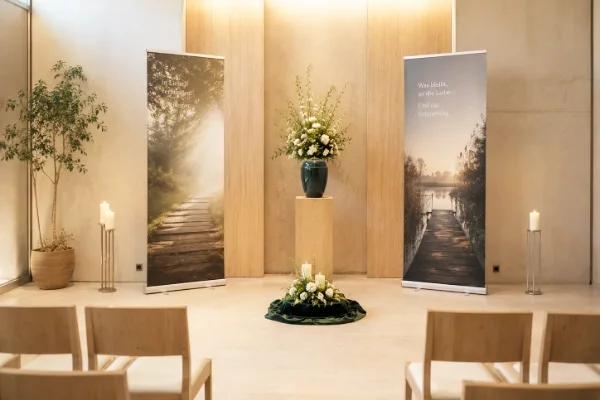 Zweiteiliges Banner-Display mit Landschaftsmotiv und Kreuzmotiv in sanften Graut&ouml;nen &ndash; Dekoration f&uuml;r Trauerhalle.