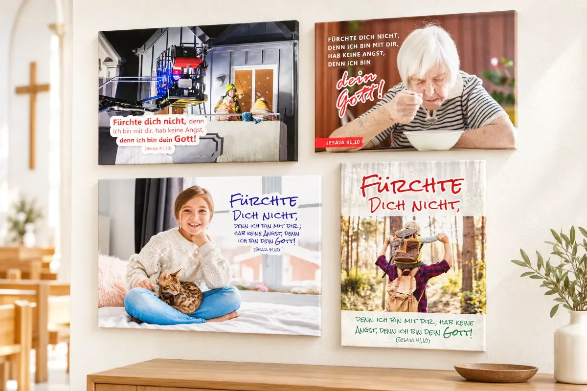 Vier Leinwandbilder zur Jahreslosung 2027 mit Feuerwehrmann, Seniorin, M&auml;dchen mit Katze sowie Vater und Sohn in kirchlichem Ambiente