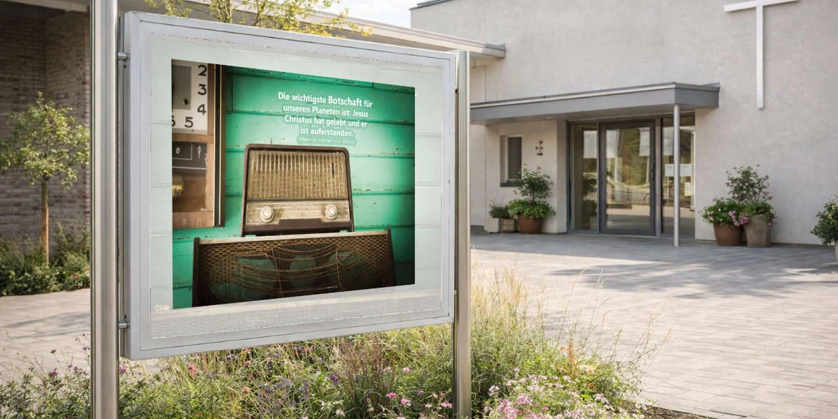 Schaukasten mit christlichem Poster vor einer Kirche - Premiumqualit&auml;t