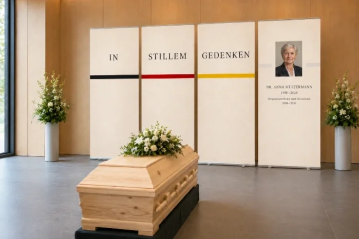 Dekoration einer Trauerhalle f&uuml;r Trauerfeier mit Sarg - 4er-Roll-Up Set - Edition Katzenstein