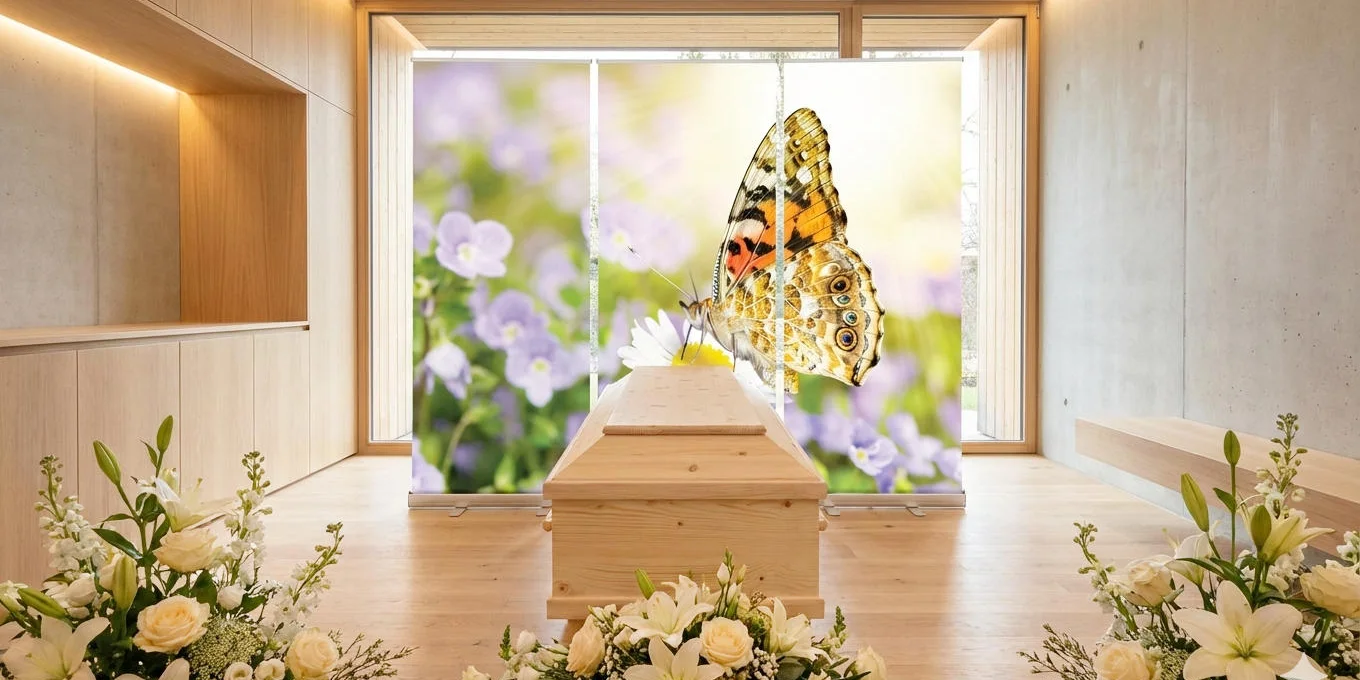 Friedhofshalle modern dekoriert und Sarg vor Roll-Up Display Set