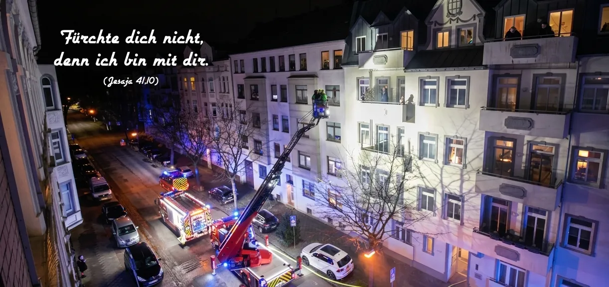 Postkarte Jahreslosung 2027 Feuerwehrmann hilft Ehepaar auf Balkon nach Wohnungsbrand