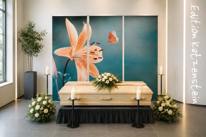 Roll-Up Display 3er-Set &bdquo;Lilie & Schmetterling&ldquo; in moderner Trauerhalle