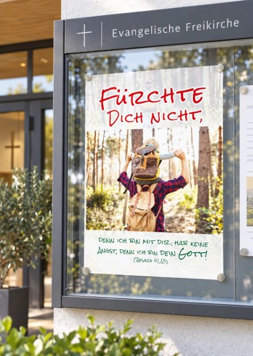 Poster Jahreslosung 2027 DIN A2 - Motiv Vater tr&auml;gt Kind auf den Schultern im Wald mit Bibelvers Jesaja 41,10