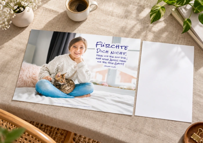 DIN-A3-Poster zur Jahreslosung 2027: M&auml;dchen mit Katze am Fenster und dem Bibelvers F&uuml;rchte dich nicht aus Jesaja 41,10